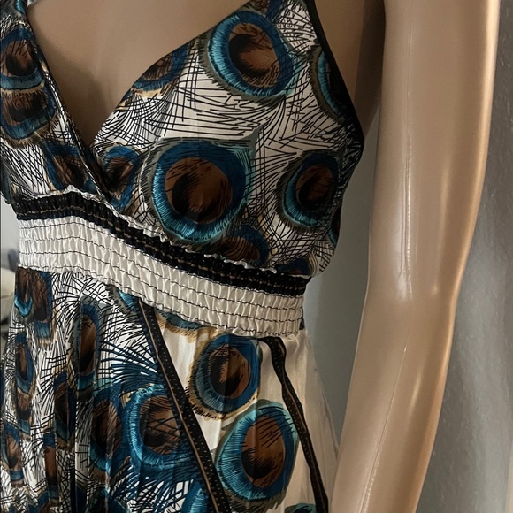 (STEP IN STYLE)Peacock Print Spaghetti Strap women’s Dress with Stretch Waist - Picture 8 of 17